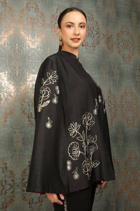 Buy_Tanu Malhotra_Black Fleur Mirror Embroidered Cape _Online_at_Aza_Fashions