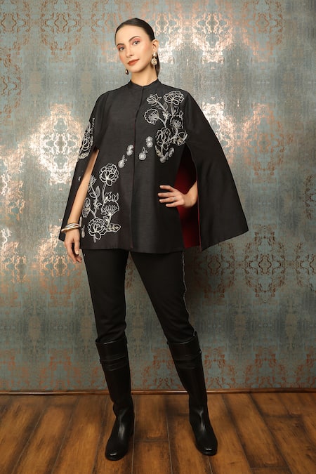 Shop_Tanu Malhotra_Black Fleur Mirror Embroidered Cape _Online_at_Aza_Fashions