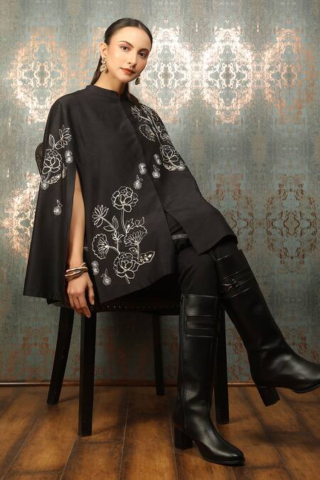 Tanu Malhotra_Black Fleur Mirror Embroidered Cape _at_Aza_Fashions