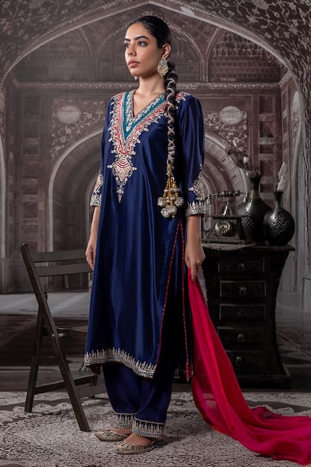 Label Radini_Blue Chanderi Sequins, Zari, Embroidery V-neck Navy Kurta Set _Online_at_Aza_Fashions