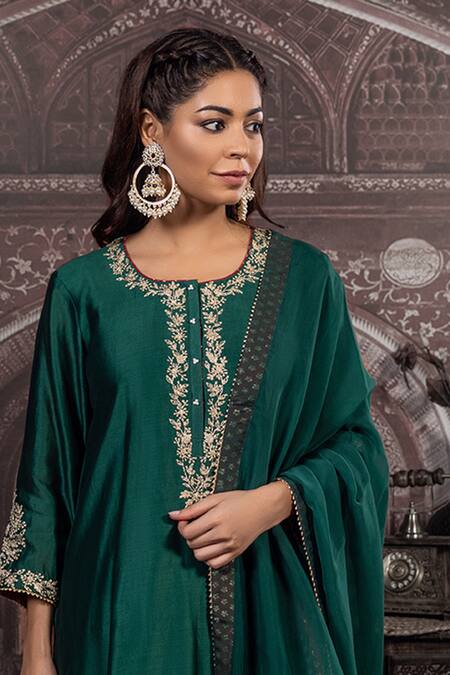 Shop_Label Radini_Green Chanderi Zari, Sequins Round Neck Kashmiri Tila Hand Embroidered Kurta Set _Online_at_Aza_Fashions