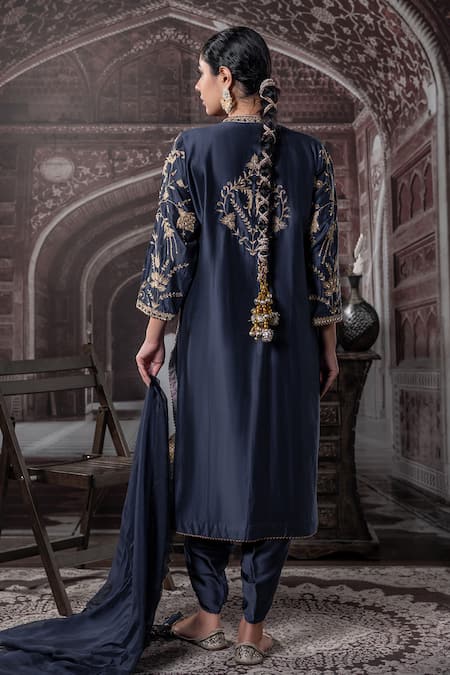 Label Radini Navy Floral Embroidered Kurta Set 
