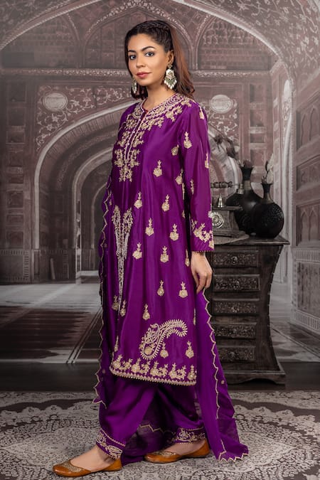Label Radini Purple Chanderi Pearls, Embroidery, Zari Round Neck Paisley Hand Kurta Set Online at Aza Fashions Label Radini_Purple Chanderi Pearls, Embroidery, Zari Round Neck Paisley Hand Kurta Set _Online_at_Aza_Fashions
