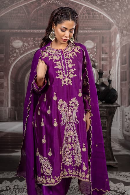 Buy Label Radini Purple Chanderi Pearls, Embroidery, Zari Round Neck Paisley Hand Kurta Set Online at Aza Fashions Buy_Label Radini_Purple Chanderi Pearls, Embroidery, Zari Round Neck Paisley Hand Kurta Set _Online_at_Aza_Fashions