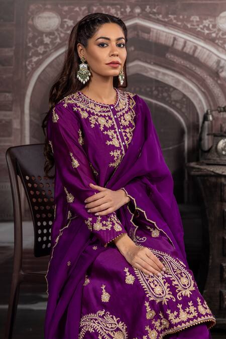 Label Radini Purple Chanderi Pearls, Embroidery, Zari Round Neck Paisley Hand Kurta Set at Aza Fashions Label Radini_Purple Chanderi Pearls, Embroidery, Zari Round Neck Paisley Hand Kurta Set _at_Aza_Fashions