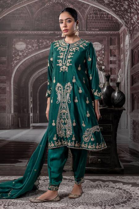 Buy Label Radini Green Chanderi Applique, Embroidery, Pearls, Zari Round Neck Paisley Kurta Set Online at Aza Fashions Buy_Label Radini_Green Chanderi Applique, Embroidery, Pearls, Zari Round Neck Paisley Kurta Set _Online_at_Aza_Fashions