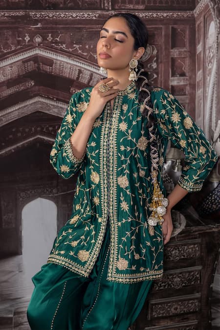 Label Radini_Green Chanderi Pearls, Applique Split Floral Vine Embroidered Kurta And Dhoti Set _Online_at_Aza_Fashions