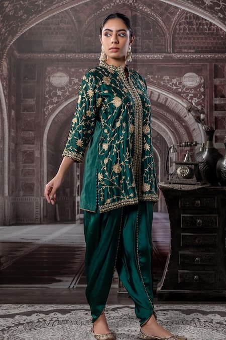 Shop_Label Radini_Green Chanderi Pearls, Applique Split Floral Vine Embroidered Kurta And Dhoti Set _Online_at_Aza_Fashions
