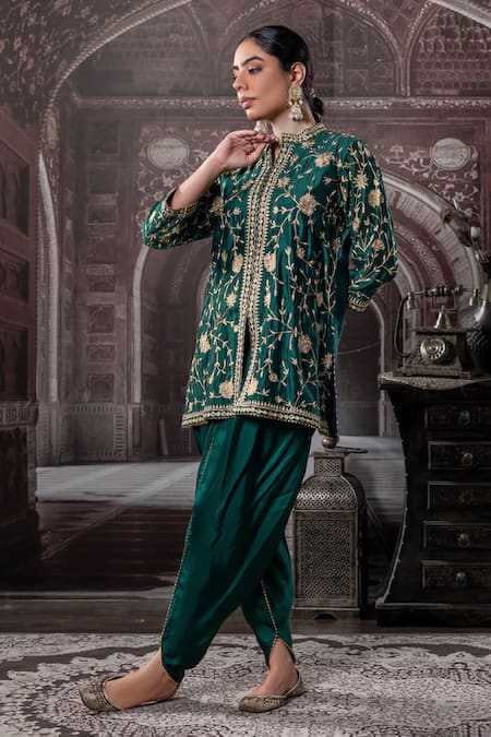 Label Radini_Green Chanderi Pearls, Applique Split Floral Vine Embroidered Kurta And Dhoti Set _at_Aza_Fashions