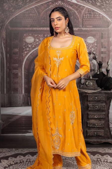 Label Radini Yellow Chanderi Pearls, Embroidery Scoop Neck Aari Hand Mustard Kurta Set Online at Aza Fashions Label Radini_Yellow Chanderi Pearls, Embroidery Scoop Neck Aari Hand Mustard Kurta Set _Online_at_Aza_Fashions