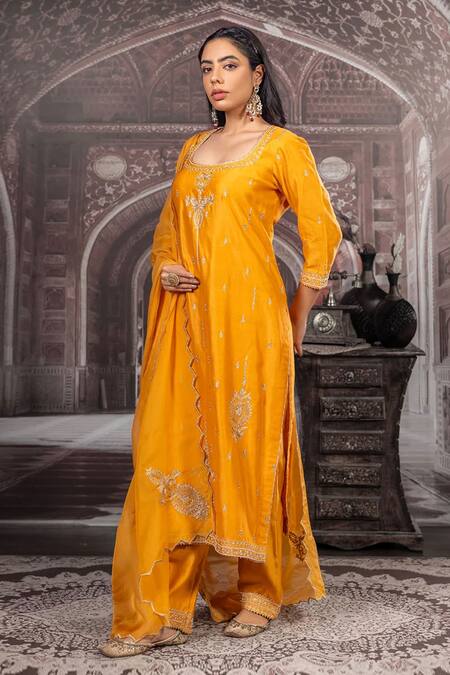 Buy Label Radini Yellow Chanderi Pearls, Embroidery Scoop Neck Aari Hand Mustard Kurta Set Online at Aza Fashions Buy_Label Radini_Yellow Chanderi Pearls, Embroidery Scoop Neck Aari Hand Mustard Kurta Set _Online_at_Aza_Fashions