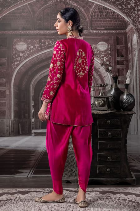 Shop Label Radini Pink Chanderi Pearls, Embroidery Split V-neck Aari Kurta And Dhoti Pant Set at Aza Fashions Shop_Label Radini_Pink Chanderi Pearls, Embroidery Split V-neck Aari Kurta And Dhoti Pant Set _at_Aza_Fashions