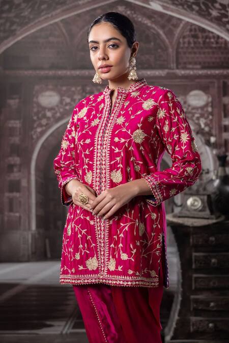 Label Radini Pink Chanderi Pearls, Embroidery Split V-neck Aari Kurta And Dhoti Pant Set Online at Aza Fashions Label Radini_Pink Chanderi Pearls, Embroidery Split V-neck Aari Kurta And Dhoti Pant Set _Online_at_Aza_Fashions