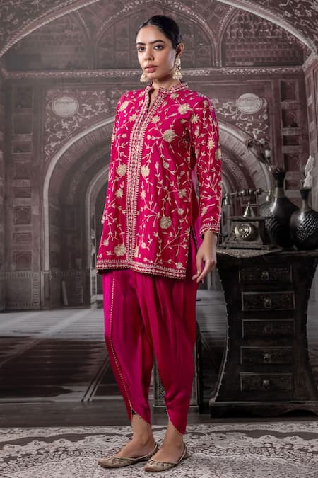 Buy Label Radini Pink Chanderi Pearls, Embroidery Split V-neck Aari Kurta And Dhoti Pant Set Online at Aza Fashions Buy_Label Radini_Pink Chanderi Pearls, Embroidery Split V-neck Aari Kurta And Dhoti Pant Set _Online_at_Aza_Fashions