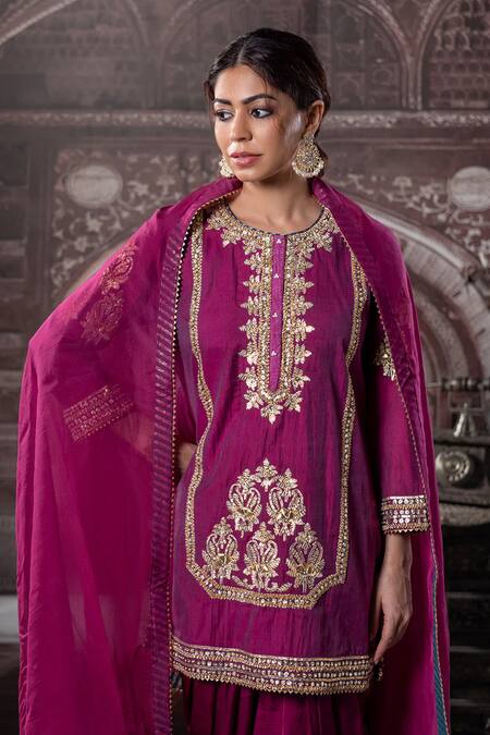 Label Radini_Wine Chanderi Gota Patti, Zari, Sequins, Embroidery Round Neck Kurta Dhoti Set _Online_at_Aza_Fashions