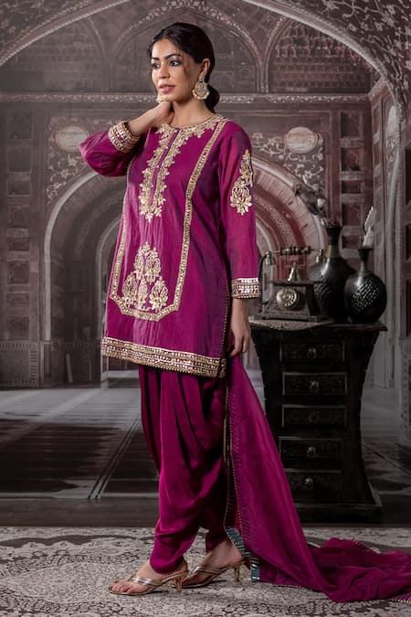 Buy_Label Radini_Wine Chanderi Gota Patti, Zari, Sequins, Embroidery Round Neck Kurta Dhoti Set _Online_at_Aza_Fashions