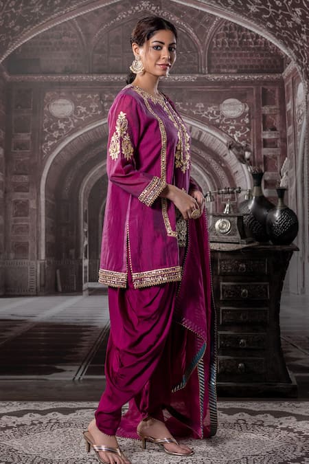 Shop_Label Radini_Wine Chanderi Gota Patti, Zari, Sequins, Embroidery Round Neck Kurta Dhoti Set _Online_at_Aza_Fashions