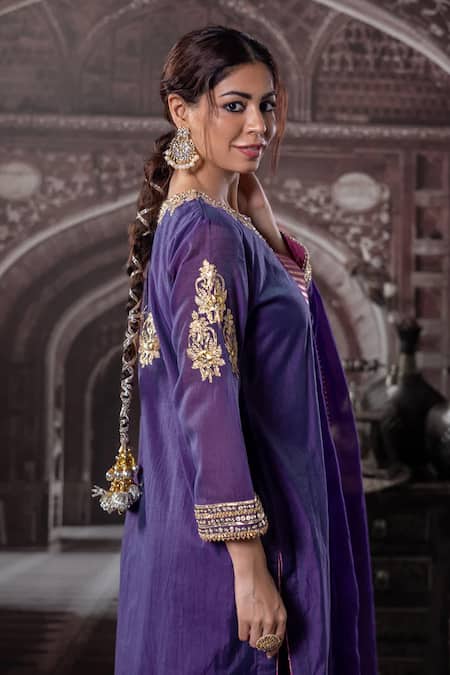 Label Radini_Purple Chanderi Sequins, Gota Patti, Zari Round Neck Hand Embroidered Kurta Set _Online_at_Aza_Fashions