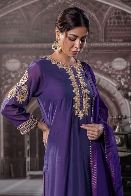 Buy_Label Radini_Purple Chanderi Sequins, Gota Patti, Zari Round Neck Hand Embroidered Kurta Set _Online_at_Aza_Fashions
