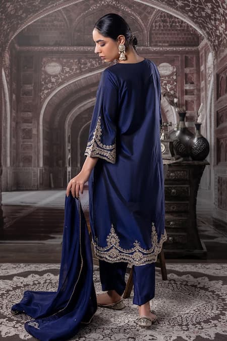 Shop Label Radini Blue Chanderi Embroidery, Zari V-neck Kirandori Navy Kurta Set at Aza Fashions Shop_Label Radini_Blue Chanderi Embroidery, Zari V-neck Kirandori Navy Kurta Set _at_Aza_Fashions