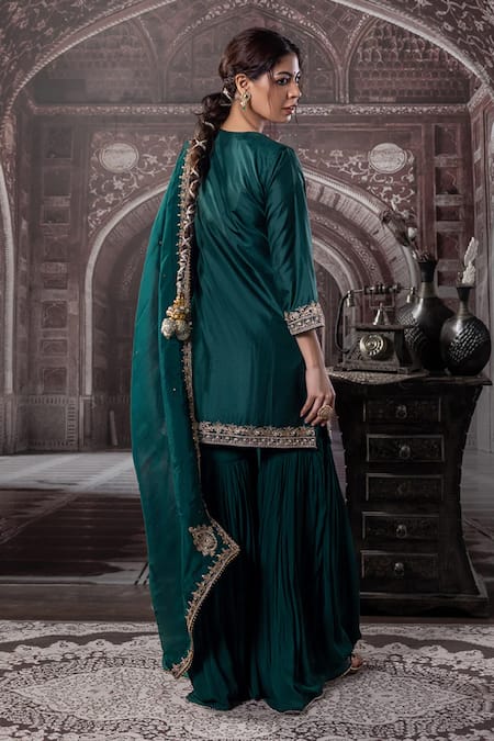 Shop Label Radini Green Chanderi Embroidery Round Neck Kirandori Kurta Gharara Set at Aza Fashions Shop_Label Radini_Green Chanderi Embroidery Round Neck Kirandori Kurta Gharara Set _at_Aza_Fashions