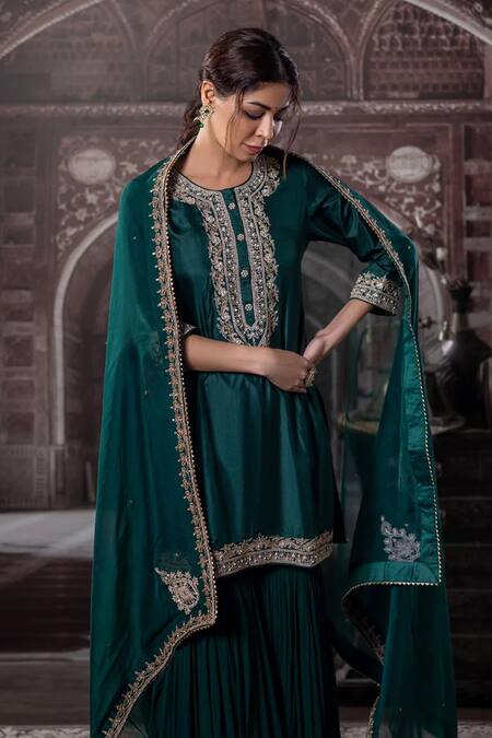 Label Radini Green Chanderi Embroidery Round Neck Kirandori Kurta Gharara Set Online at Aza Fashions Label Radini_Green Chanderi Embroidery Round Neck Kirandori Kurta Gharara Set _Online_at_Aza_Fashions