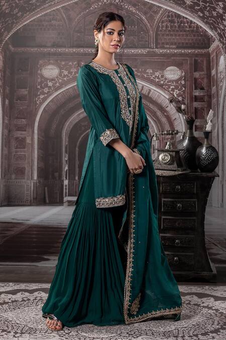 Buy Label Radini Green Chanderi Embroidery Round Neck Kirandori Kurta Gharara Set Online at Aza Fashions Buy_Label Radini_Green Chanderi Embroidery Round Neck Kirandori Kurta Gharara Set _Online_at_Aza_Fashions