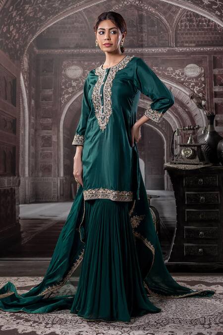 Shop Label Radini Green Chanderi Embroidery Round Neck Kirandori Kurta Gharara Set Online at Aza Fashions Shop_Label Radini_Green Chanderi Embroidery Round Neck Kirandori Kurta Gharara Set _Online_at_Aza_Fashions