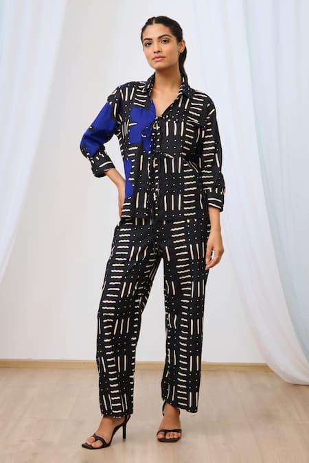 Moontara_Black Cotton Embroidery, Applique Collared Abstract Floral Shirt And Pant Set _Online_at_Aza_Fashions