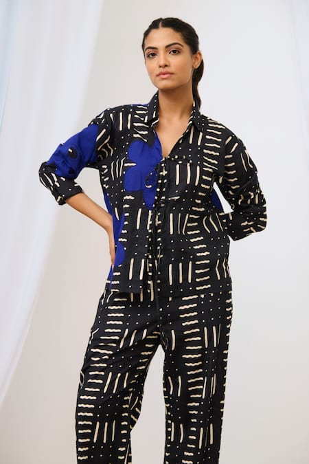 Buy_Moontara_Black Cotton Embroidery, Applique Collared Abstract Floral Shirt And Pant Set _Online_at_Aza_Fashions