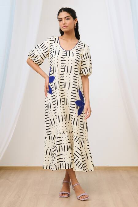 Moontara_White Cotton Fabric Flowers Open Neck Abstract Print Midi Dress _Online_at_Aza_Fashions