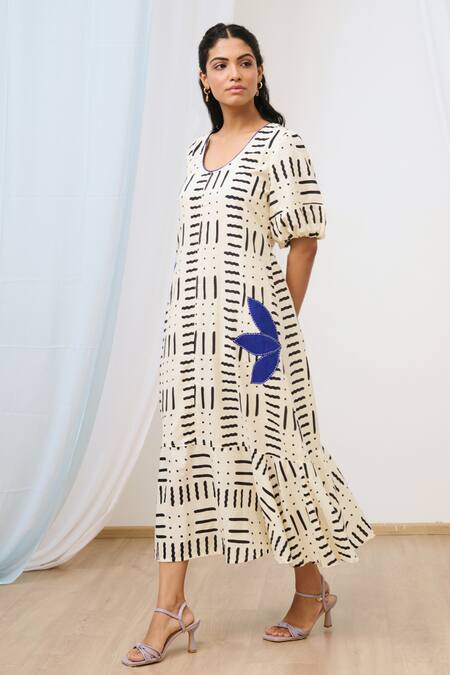 Shop_Moontara_White Cotton Fabric Flowers Open Neck Abstract Print Midi Dress _Online_at_Aza_Fashions