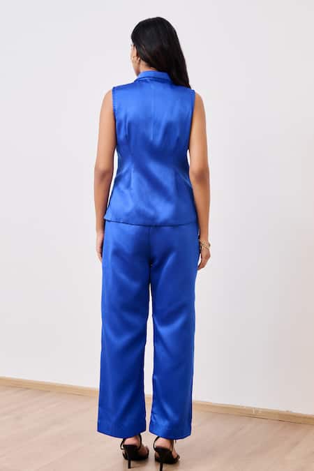 Moontara Blue Cotton Satin Blazer & Pant Set 