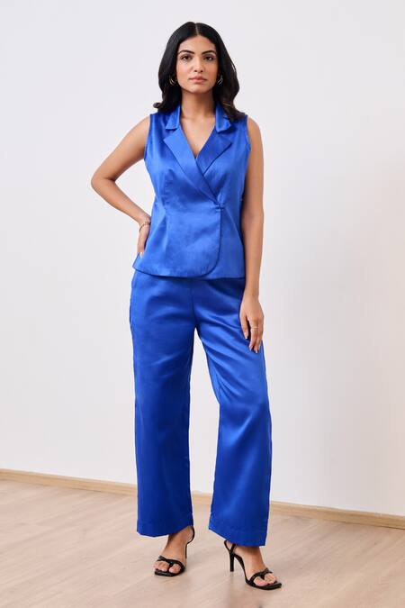 Moontara_Blue Cotton Satin V-neck Blazer And Pant Set _Online_at_Aza_Fashions