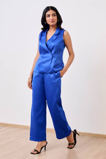 Buy_Moontara_Blue Cotton Satin V-neck Blazer And Pant Set _Online_at_Aza_Fashions