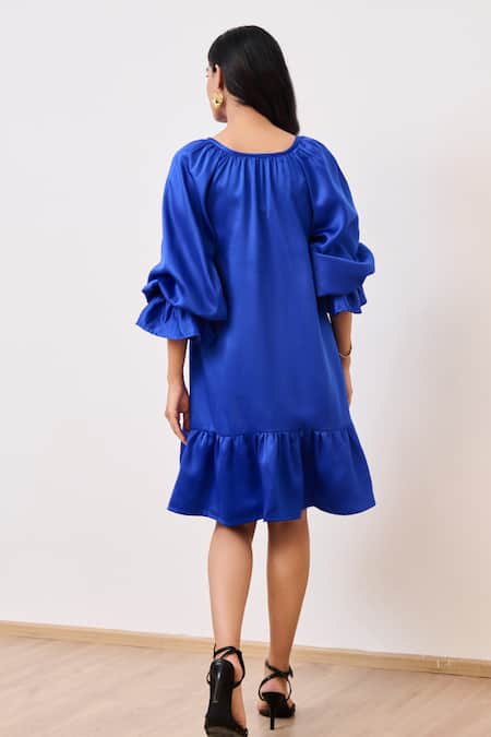Moontara Blue Cotton Satin Short Dress 