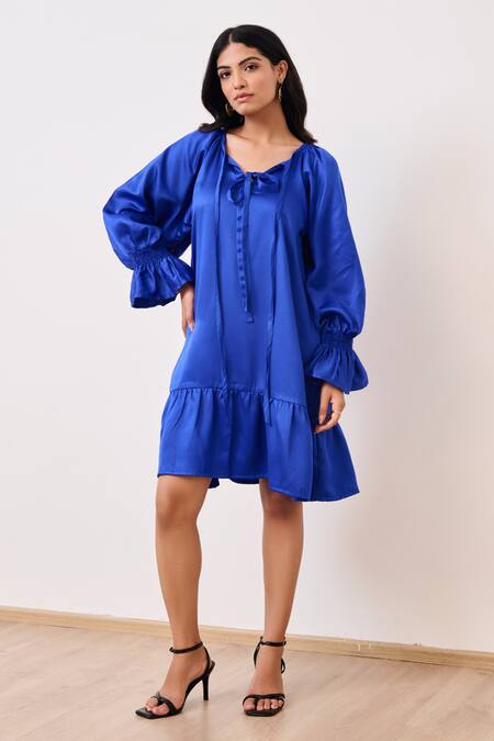 Moontara_Blue Cotton Satin Round Neck Short Dress _Online_at_Aza_Fashions