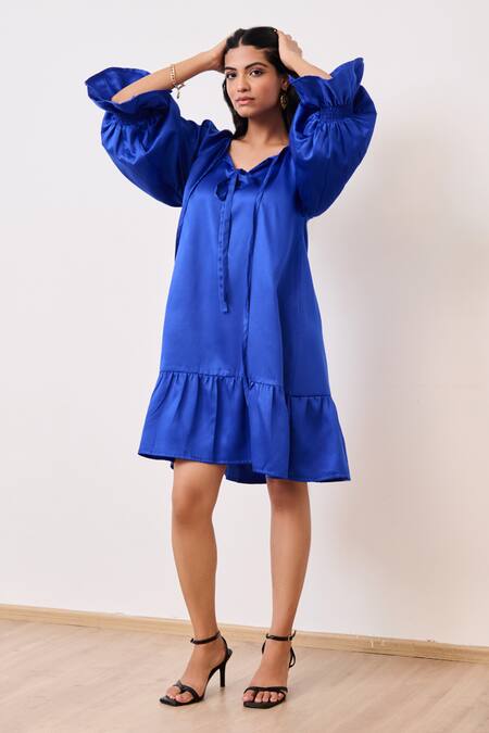 Buy_Moontara_Blue Cotton Satin Round Neck Short Dress _Online_at_Aza_Fashions