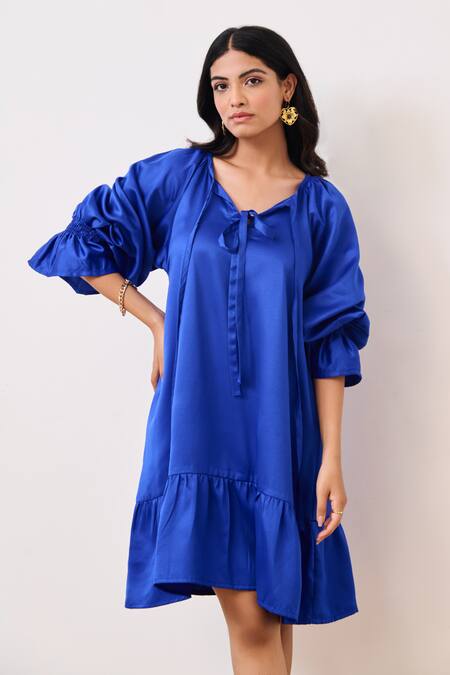 Shop_Moontara_Blue Cotton Satin Round Neck Short Dress _Online_at_Aza_Fashions
