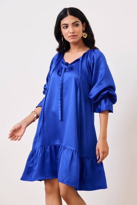Moontara_Blue Cotton Satin Round Neck Short Dress _at_Aza_Fashions