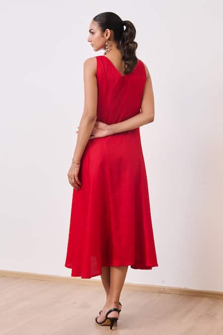Shop_Moontara_Red Cotton Satin V-neck Deep Midi Dress _at_Aza_Fashions