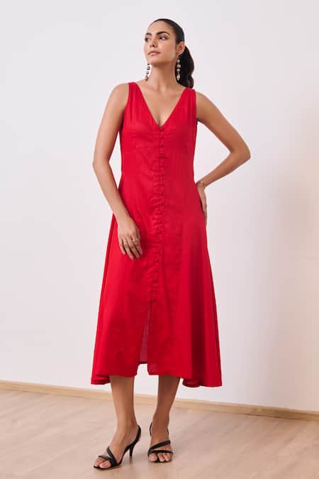 Moontara_Red Cotton Satin V-neck Deep Midi Dress _Online_at_Aza_Fashions