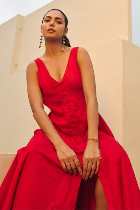 Shop_Moontara_Red Cotton Satin V-neck Deep Midi Dress _Online_at_Aza_Fashions