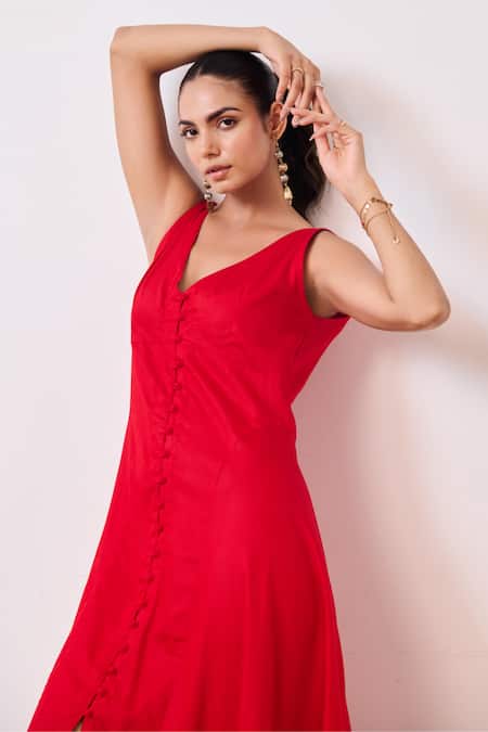 Moontara_Red Cotton Satin V-neck Deep Midi Dress _at_Aza_Fashions