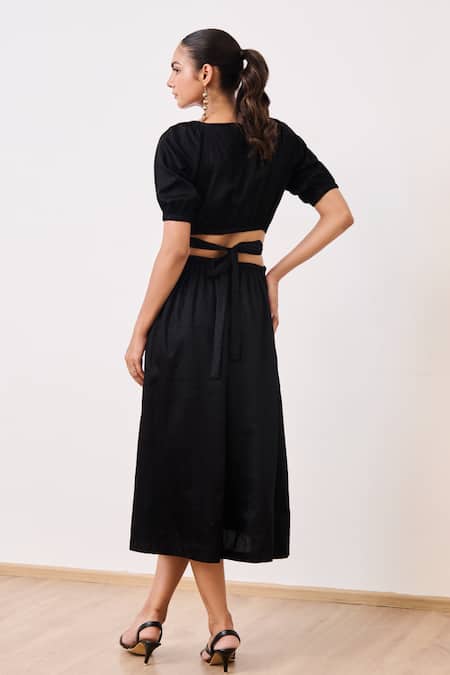 Moontara Black Balloon Sleeve Bareback Midi Dress 