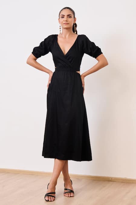 Moontara_Black Cotton Satin V-neck Balloon Sleeve Bareback Midi Dress _Online_at_Aza_Fashions