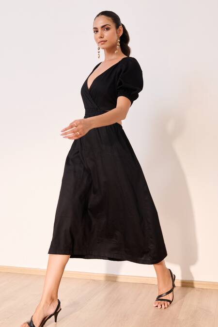 Buy_Moontara_Black Cotton Satin V-neck Balloon Sleeve Bareback Midi Dress _Online_at_Aza_Fashions