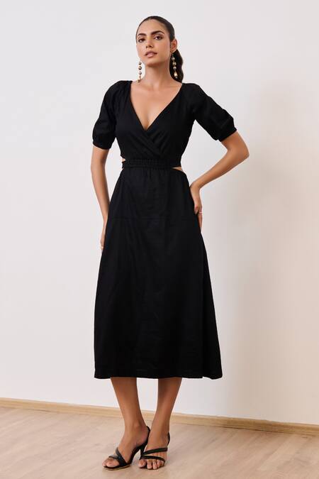 Shop_Moontara_Black Cotton Satin V-neck Balloon Sleeve Bareback Midi Dress _Online_at_Aza_Fashions