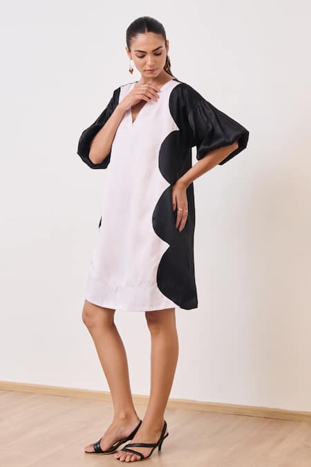 Moontara_Black Cotton Satin V-neck Color Blocked Dress _at_Aza_Fashions