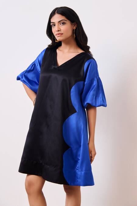 Buy_Moontara_Black Cotton Satin V-neck Color Blocked Dress _Online_at_Aza_Fashions
